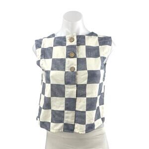 The Workshop Gray Cream Linen Checkered Sleeveless Henley Shirt Tank Top Size S